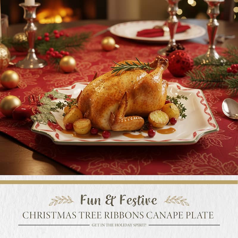 Spode Christmas Tree Ribbons Canape Plate - 8" L x 6.5" W