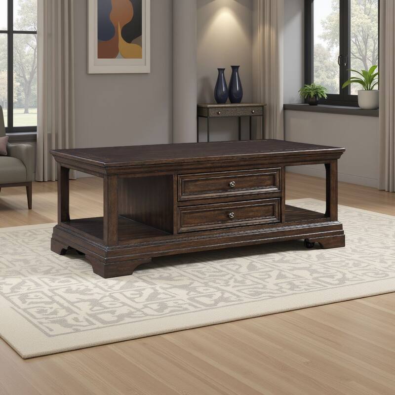Tabby Lift-Top Coffee Table, Side Shelves and Caster Wheels, Brown