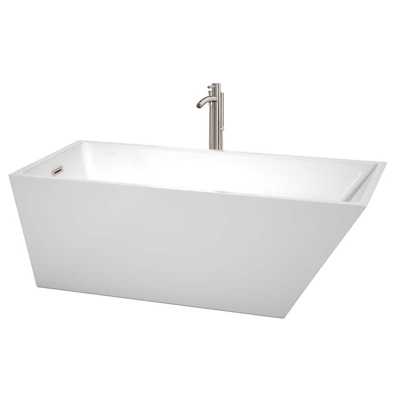 Wyndham Collection Hannah 67" Freestanding Soaking Tub with Tub Filler - White / Brushed Nickel Trim