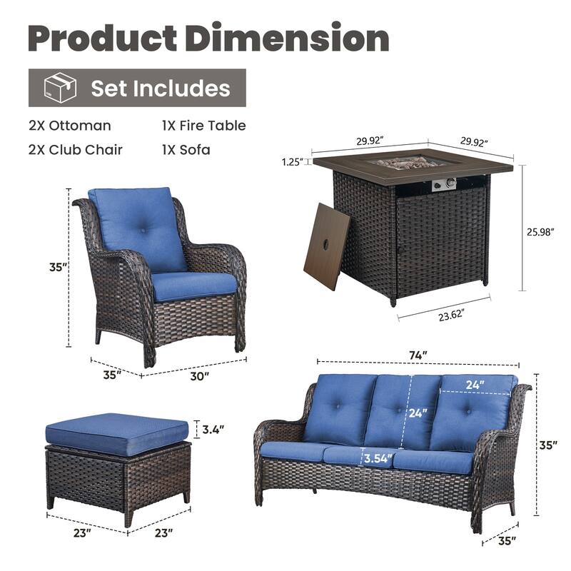 Gymojoy 6-Piece Outdoor Wicker Patio Furniture with Fire Pit Table, Rattan Coversation Set with Water Resistant Thick Cushions
