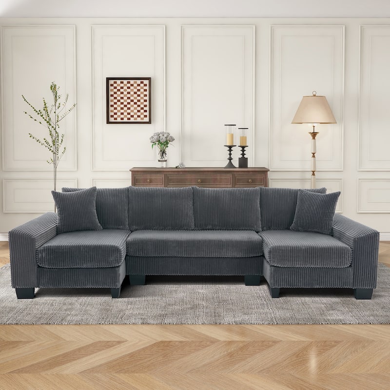 114" U Shape Corduroy Sofa Oversize Sectional Couch Upholstered Sofa Bed - Dark Gray