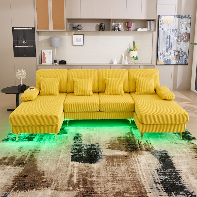 HOMEFUN Corduroy Upholstered U-shaped Adjustable Light Modular Sectional Sofa With Type-C and USB ports - Yellow