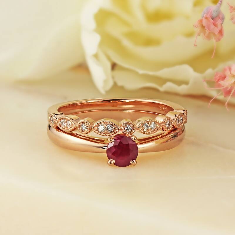 Auriya 14k Gold 1/2ctw Vintage Solitaire Ruby Engagement Ring Set 1/6ctw