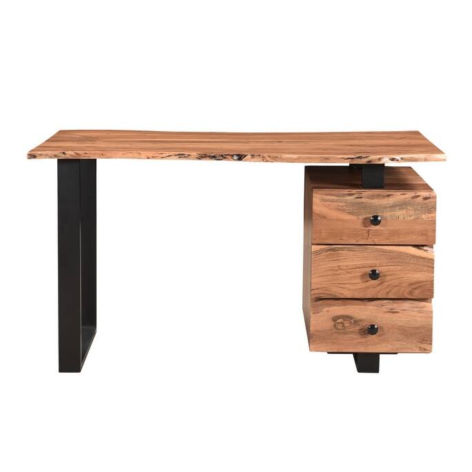 HomeRoots 54" Natural and Black Live Edge Solid Wood Writing Desk With Three Drawers