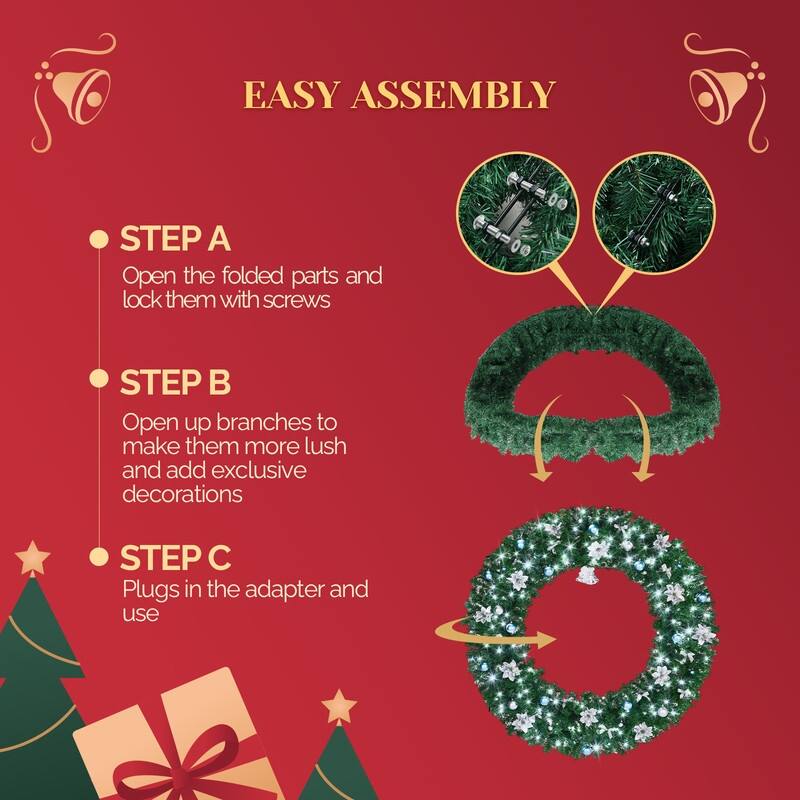Pre-lit Christmas Wreath, Lighted Artificial Xmas Wreath with Lights and DIY Ornaments, for Xmas Party Decorations