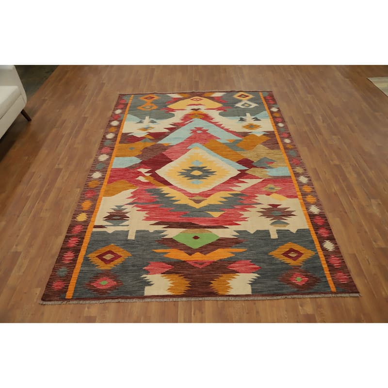 Hand Woven Oriental 100% Wool Carpet Southwestern Tribal Multi-Colored Kilim Area Rug - 9' 10'' X 6' 8''