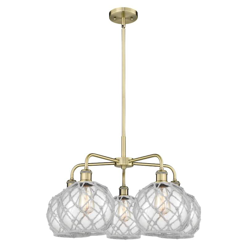 Innovations Lighting Endless Possibilities Ballston - Farmhouse Rope - 5 Light 27" Stem Hung Chandelier - Antique Brass/Clear Glass with White Rope