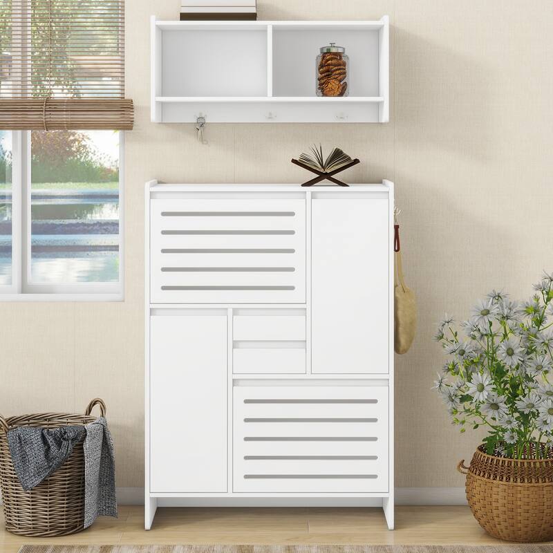 Multi-Functional Shoe Cabinet with Wall Cabinet, Space-saving Design Side Cabinet with 2 Flip Drawers and Hanging Hooks - White