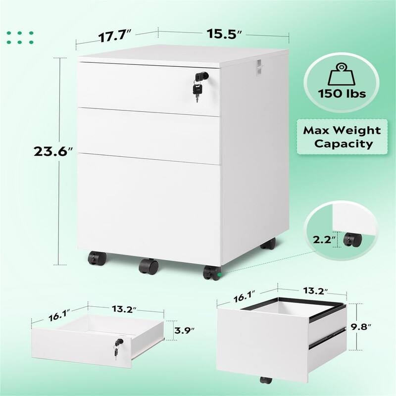 3 Drawer File Cabinet with Lock - 17.7"D x 15.5"W x 25.8"H