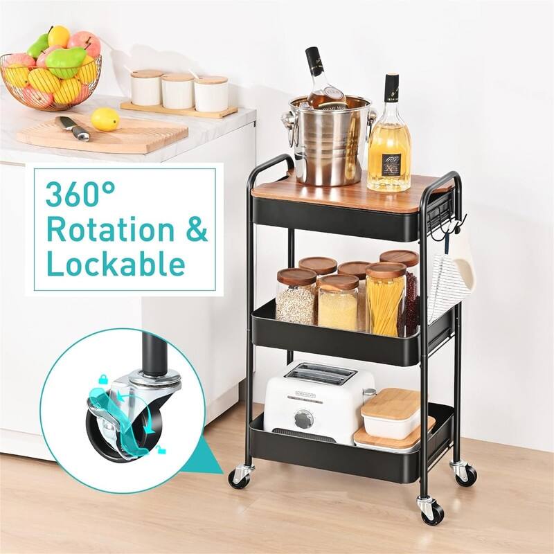 3 Tier Rolling Cart Metal Utility Cart with Top - 12"D x 17.3"W x 31.1"H