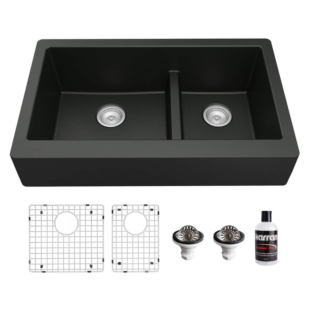 Karran Retrofit Farmhouse Quartz 34 in. Double Bowl 60/40 Sink Kit