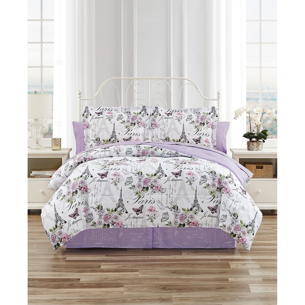 CEDAR COURT Paris Floral Lilac Soft Microfiber Reversible Comforter Set