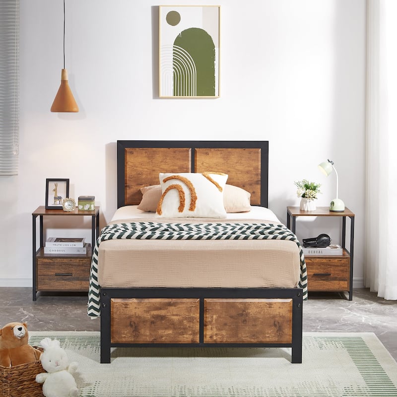 Bedroom Set of 3 Wood Headboard Platform Bed Frame Set of 2 Nightstands with Charging Station USB Port