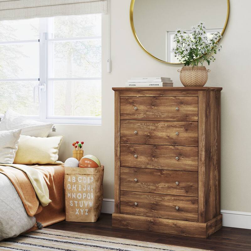 Classic Farmhouse 5-Drawer Dresser Particleboard & MDF Chest with Spacious Storage and Rustic Design - Natural