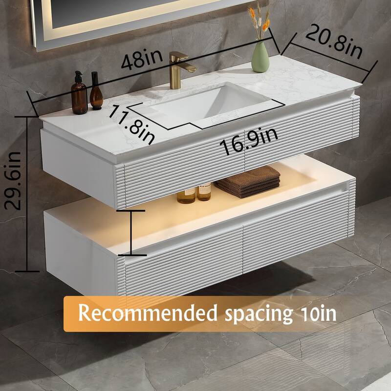 Modland 36''/48'' Floating Bathroom Vanity with ETL-Certified LED Lighting, Soft-Close Drawers & Waterproof, White