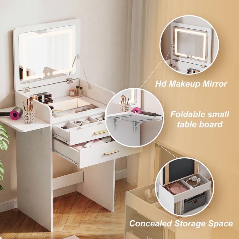 Flip-top Vanity Table,Mini Vanity,Mirror-integrated Dressing Table,All-in-one Storage Cabinet,Makeup Vanity Set with Stool