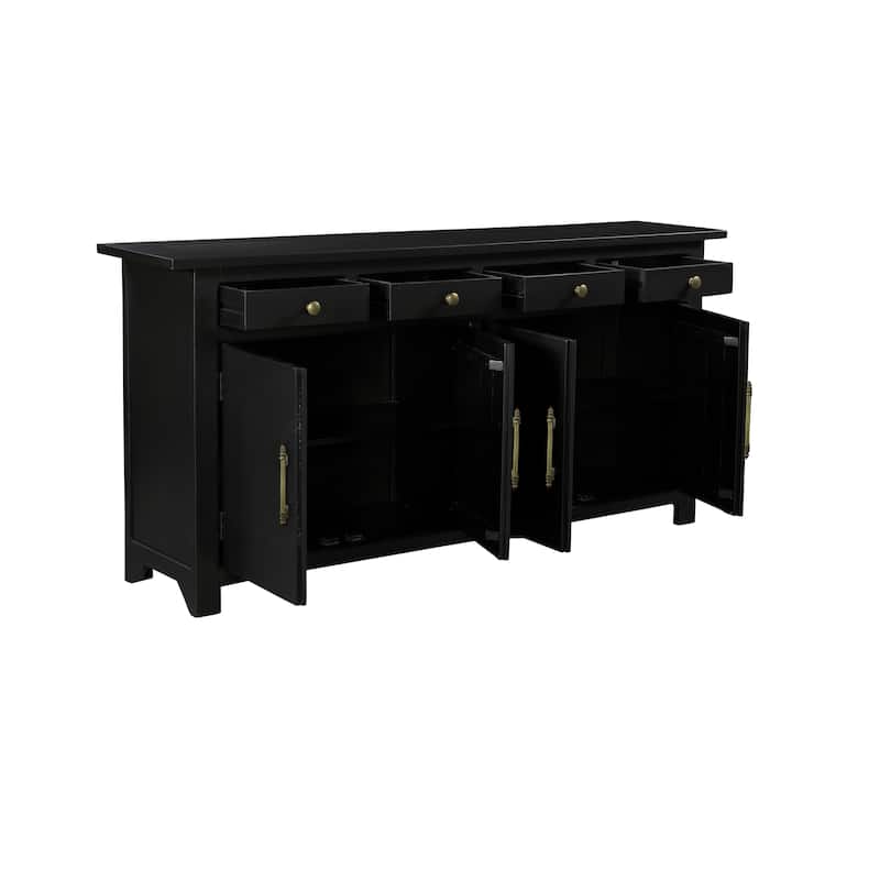 HomeRoots 79" Black Solid Wood Four Drawer Sideboard with Four Doors - 79.00 in. x 38.00 in. x 17.00 in.