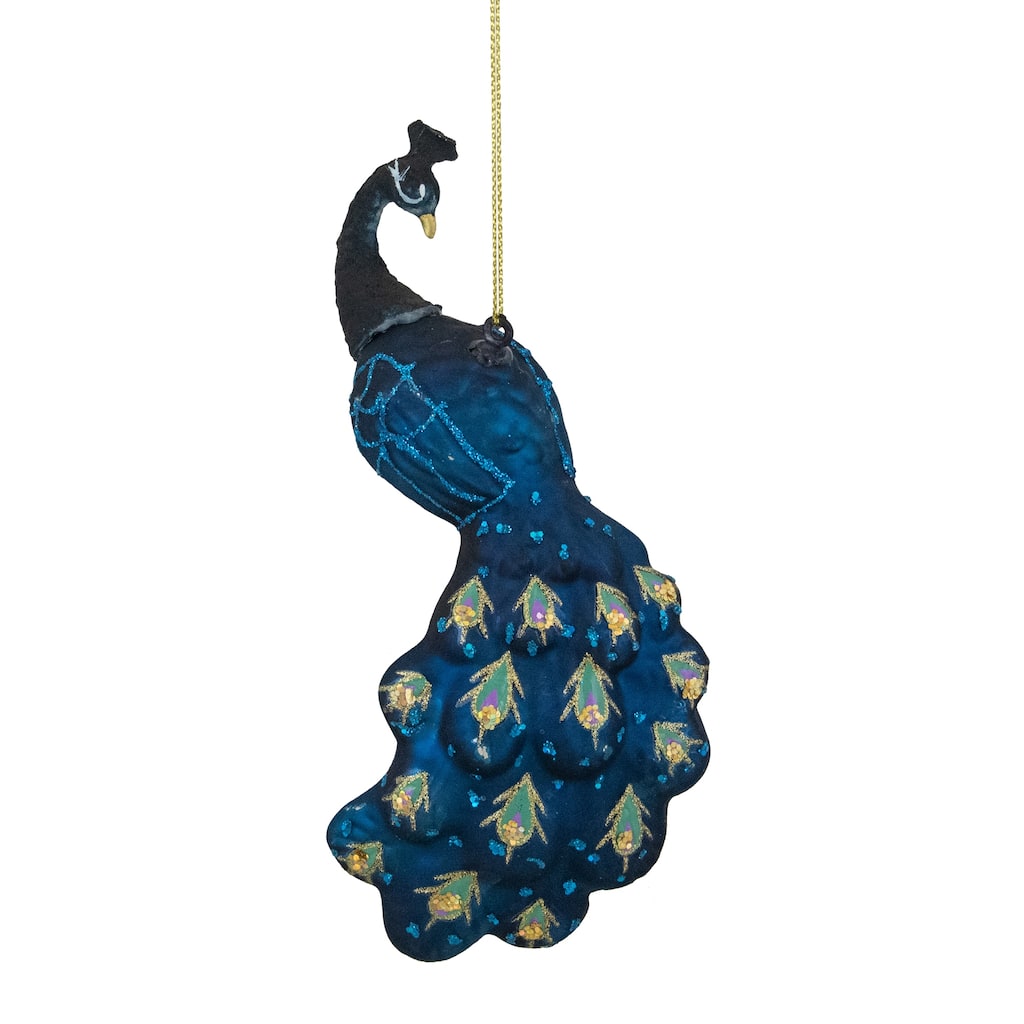 Glittered Peacock Glass Christmas Ornament - 6" - Indigo Blue