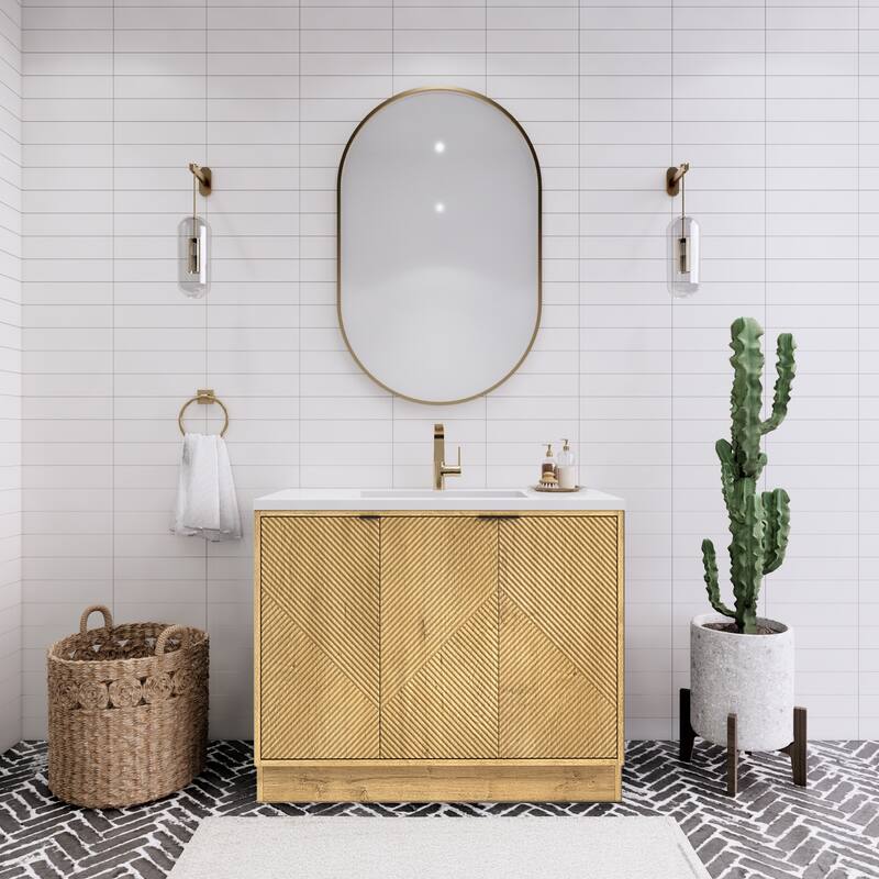 Milano 42" Freestanding (R) Bathroom Vanity with White Acrylic Sink - 41.73" x 19.49" x 35.46'' - Oak