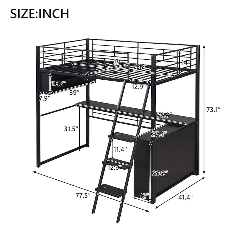 Twin Size Metal Loft Bed with LED, Desk, and Storage Shelves