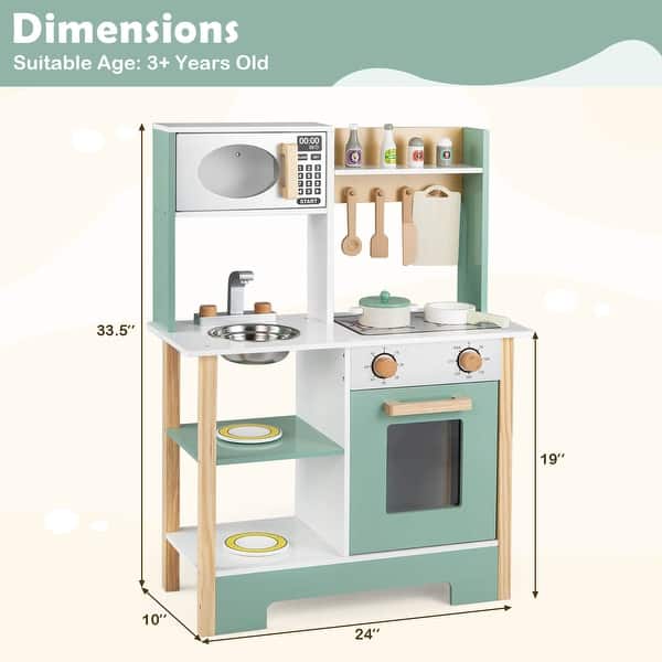 dimension image slide 1 of 2, Costway Play Kitchen with Chalkboard Microwave Stove Dish Rack Faucet - See Details