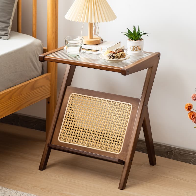 Gymax 2 Pieces Boho End Table with Magazine Rack Versatile Bamboo