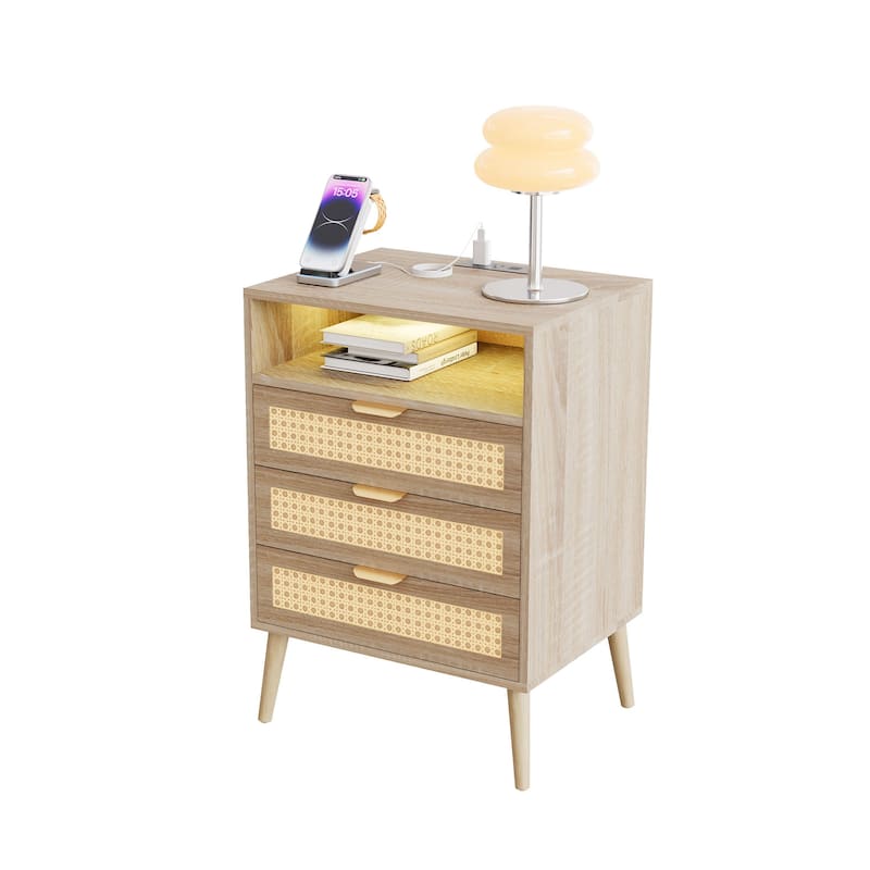 POLESITTER Rattan 3 Drawers Nightstand with LED Lights and Charging Station,Storage End Table - Single