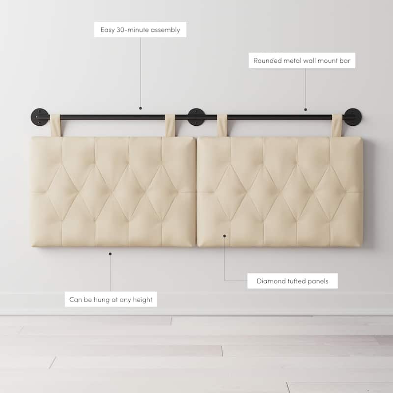 Nathan James Remi Wall Mount Tufted Headboard with Adjustable Straps and Black Metal Rail