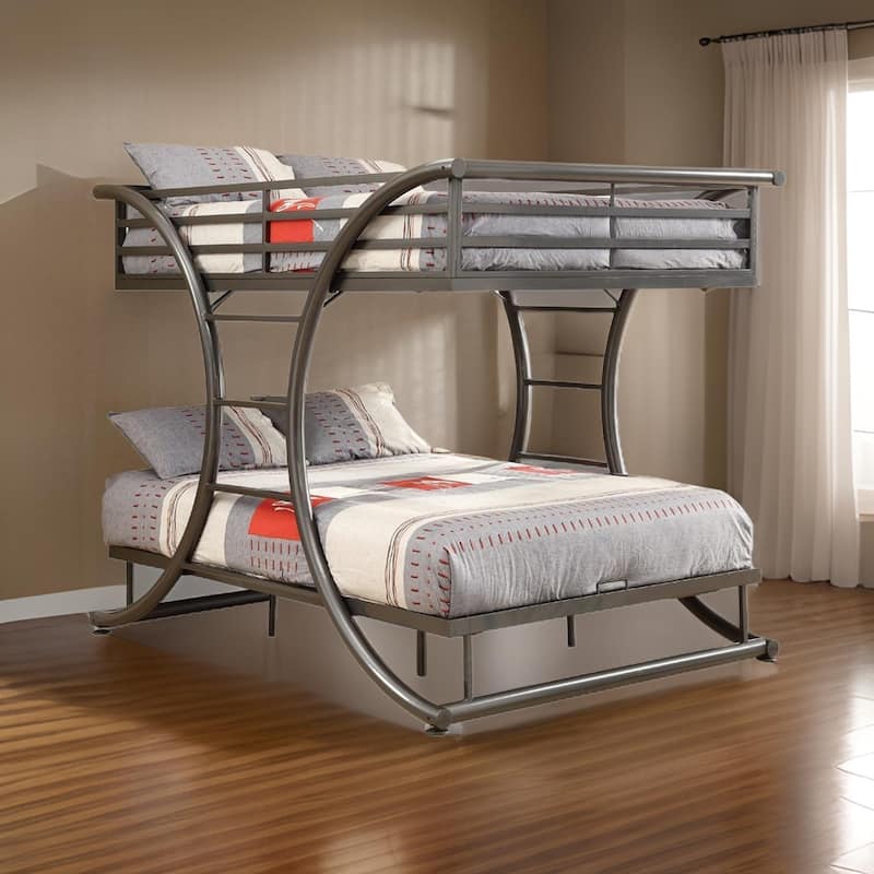 Metal Full Over Full Bunk Bed with Arched Framework and Ladders, Gray