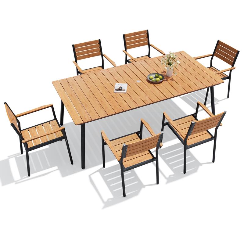 7-Piece Outdoor Patio Dining Set Wood-Like Table Top Alumium Umbrella Hole Table with Stackable Armrest Dining Chairs