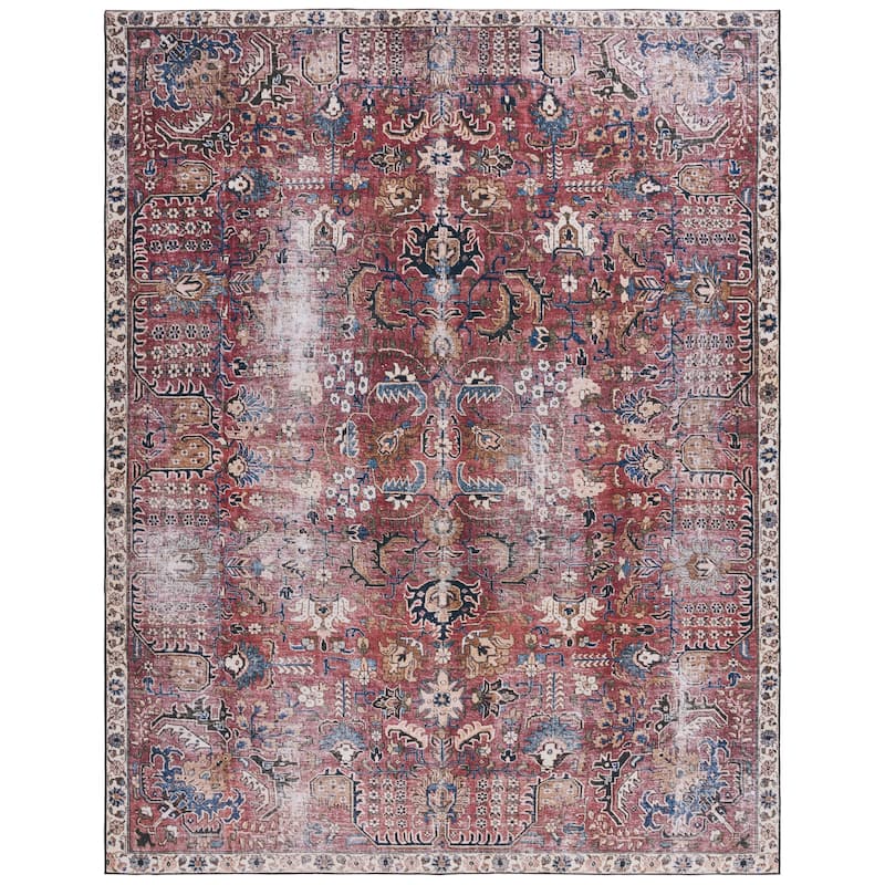 SAFAVIEH Tucson Machine Washable Slip Resistant Loula Oriental Distressed - 9' x 12' - Red/Beige - Rectangle