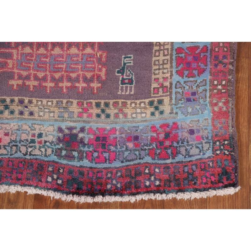 Purple Tribal Ardebil Persian Vintage Runner Rug Handmade Wool Carpet - 3'10" x 9'7"