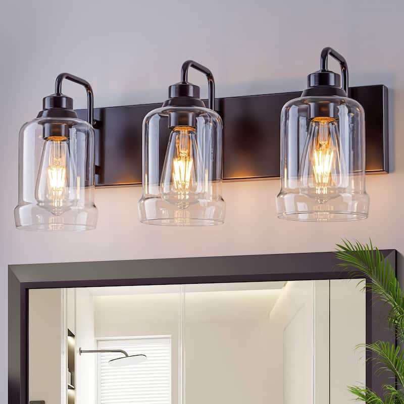 Starsky Modern Farmhouse 3‑Light Vanity Wall Light with Clear Decorative Glass Shades, E26 Bulb Base, Oil Rubbed Bronze Finish