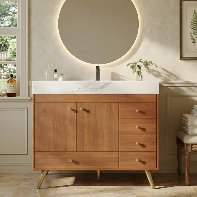 36" Freestanding Bathroom Vanity with Faux Marble Top, Ceramic Sink, 5 Drawers & Stainless Steel Legs