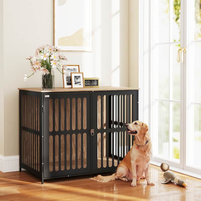 Walnut Brown Dog Crate Side Table with Escape-Proof Front Door Large Mesh Elevated Non-Slip Feet and Melamine Finishs - Brown