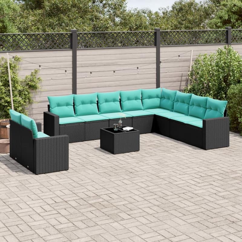 vidaXL Patio Sofa Set with Cushions Outdoor Conversation Furniture Poly Rattan - 25.8" x 24.4" x 27.2" - Black and blue
