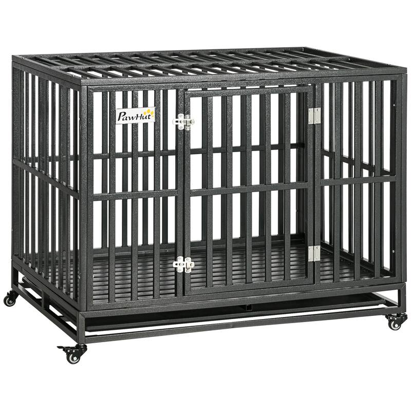 Heavy Duty Dog Crate with Lockable Wheels, Large Metal Dog Kennel Cage for Large Dogs, Pet Crate with Removable Tray