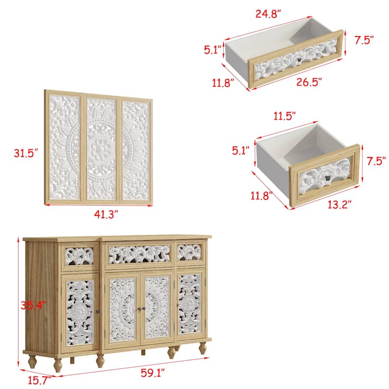 Booksheves Boho Entryway Display Cabinet w Wall Décor White Hollow Carved Panels Sideboard
