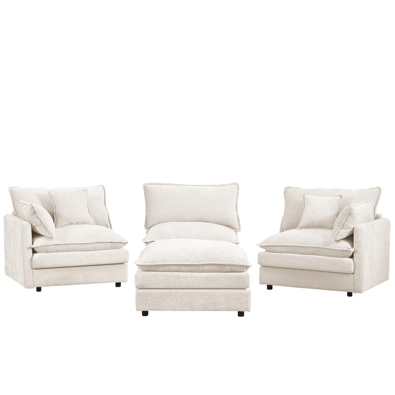 Chenille Chaise Sectional Sofa with Ottoman and 3-layers Cushions