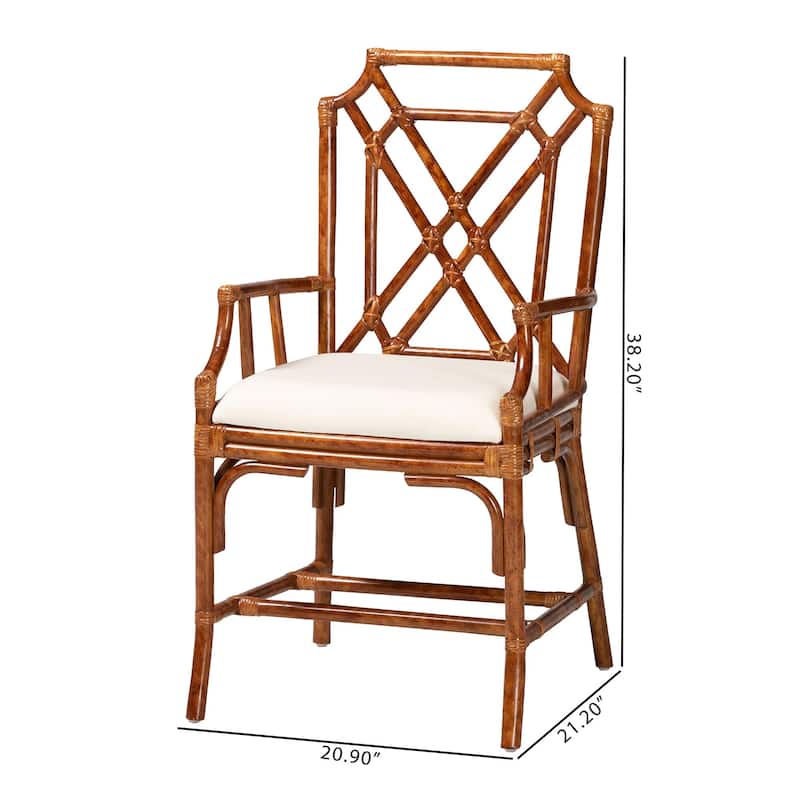 Esmery Marbled Tortoise Natural Rattan Dining Chair - Handcrafted Wicker Armchair with Crisscross Back, Boho Coastal Seating