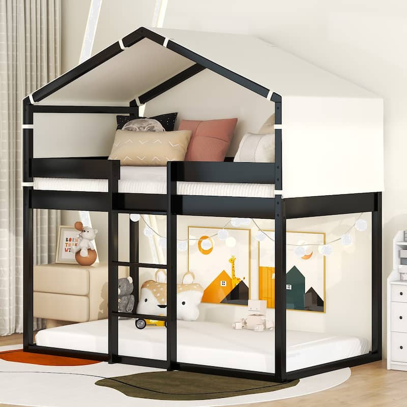 Twin Over Twin Bunk Bed Wood Bed with Tent