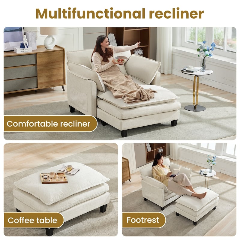 Oversized Single Sofa Chair with Ottoman, Double-Layer Seat Cushion, Chenille Fabric Lounge Chair, Living Room Reading Chair