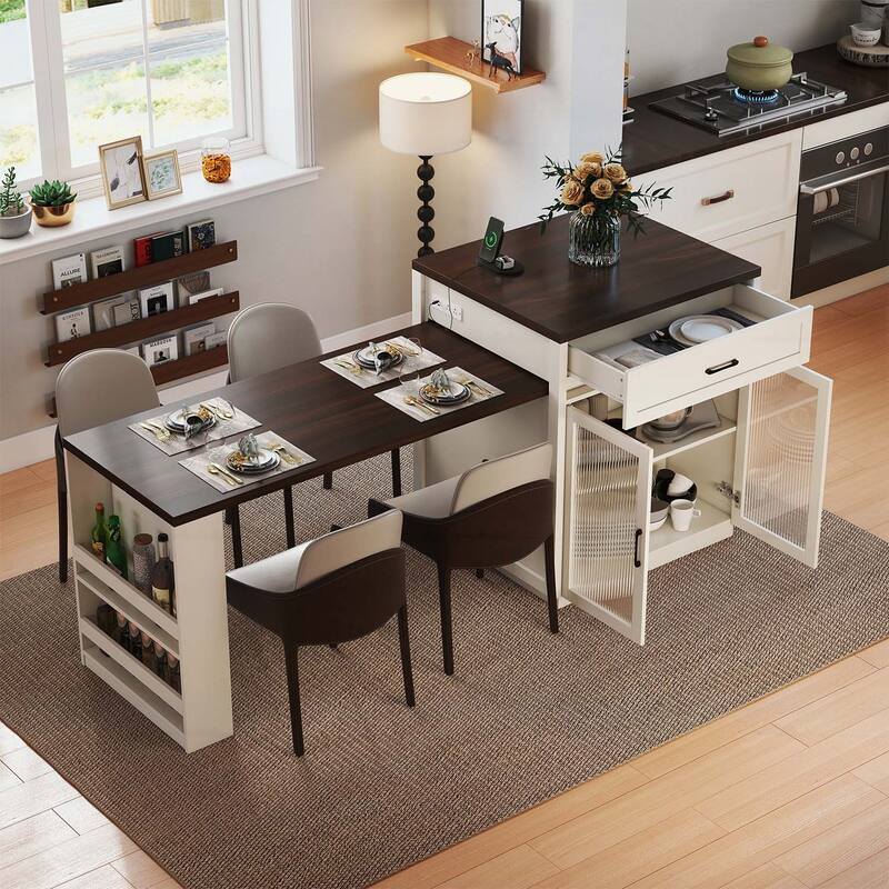 Extendable Dining Table with Tempered Glass Doors,Power Outlet - Creamy White+Walnut