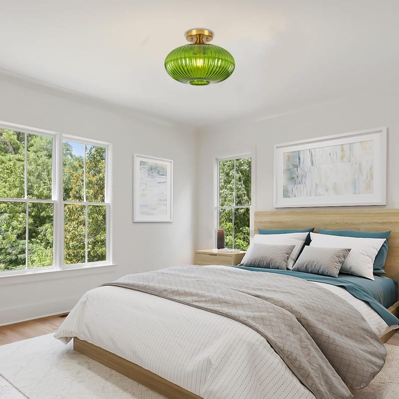 11.8 Inch green lighting glass, metal light bulb striped green ceiling light - N/A