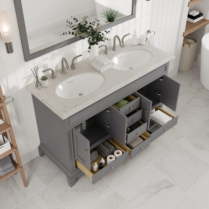 Eviva Elite Stamford 48"W x 22"D Gray Double Sink Vanity with White Carrara Quartz Vanity Top