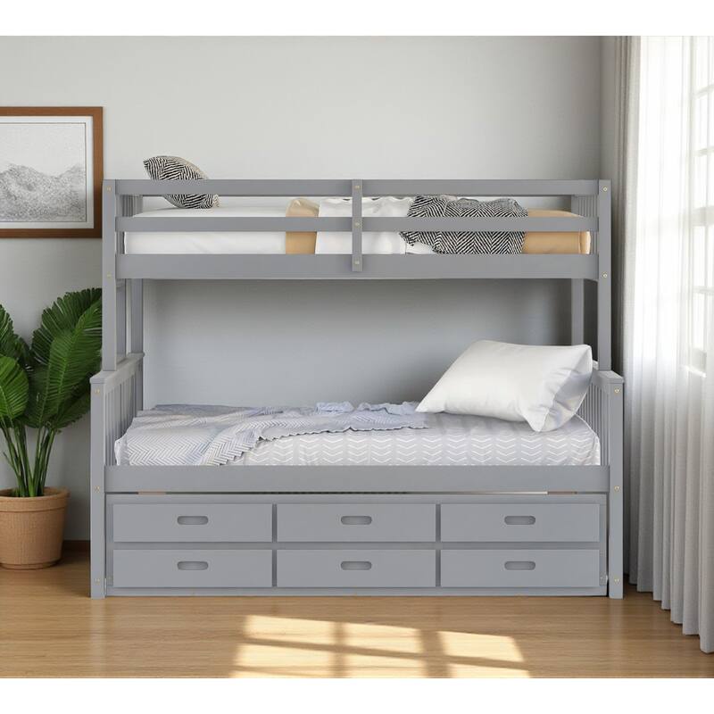 HomeRoots Gray Twin Over Full Solid Wood Bunk Bed With Drawers And Trundle And Storage - Gray - 77.00 in. x 63.00 in.  x 57.00 in.