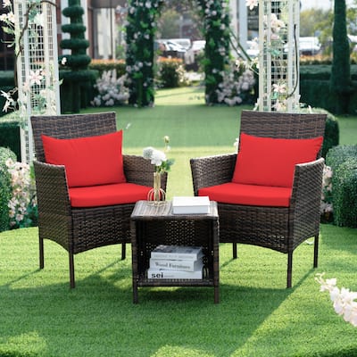 3 Piece Patio Conversation Bistro Set, Porch Balcony Furniture Set Outdoor Chat Furniture, Wicker Chairs and Storable Table Set