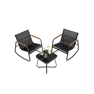 3-Piece Outdoor Breathable Fabric Rocking Chair Set with Side Table and Steel Frame Anti-Slip Feet - 17.3"D x 17.3"W x 16.8"H