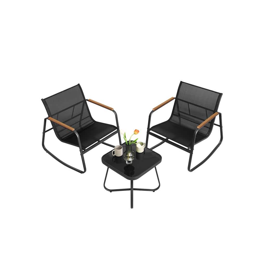 3-Piece Outdoor Breathable Fabric Rocking Chair Set with Side Table and Steel Frame Anti-Slip Feet - 17.3"D x 17.3"W x 16.8"H
