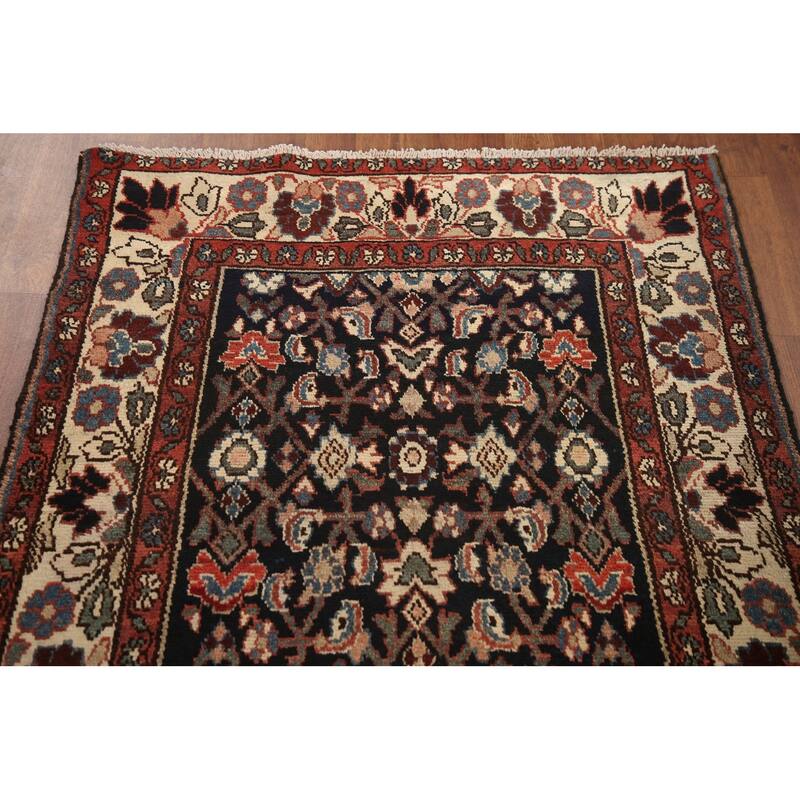 Hand Knotted Oriental 100% Wool Carpet Traditional Geometric Black Malayer Runner Rug - 10' 3'' X 3' 4''